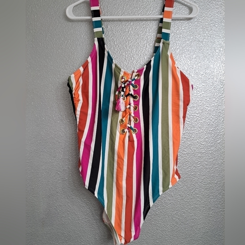 Terra & Sky Striped One Piece Bathing Suit  Size 1X(16W-18W)